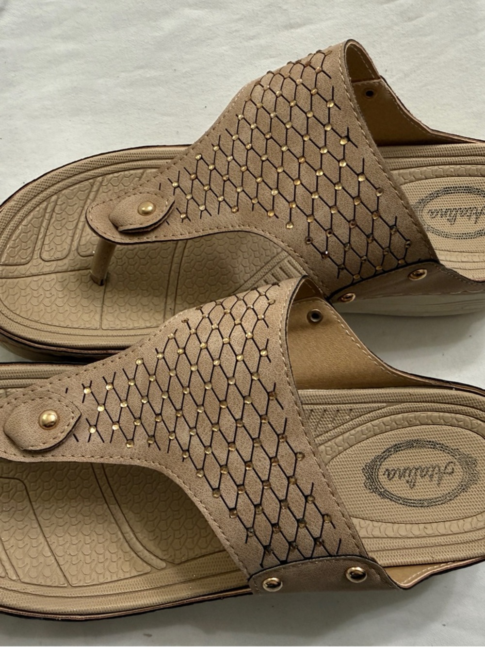 Atalina Tan Wedge Sandals Size 8 Studded Comfort Thong Slip-On Casual